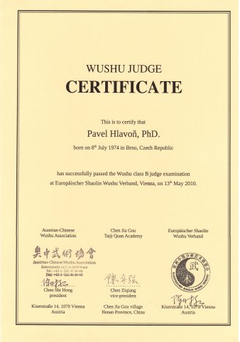 Pavel Hlavoň – rozhodčí Wushu – certifikát